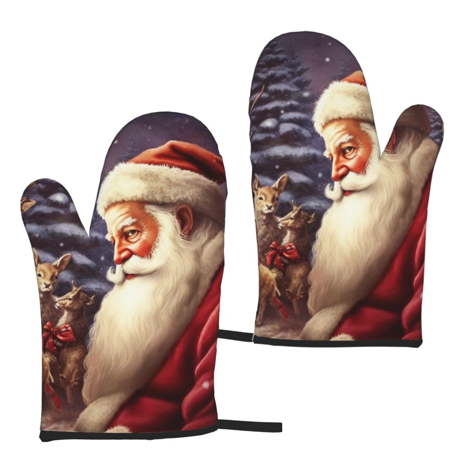 Santa Claus Printed Oven Mitts Sets 2 PCS Heat Resistant and Non-Slip Glove Potholder for Kitchen Cooking Baking Grilling