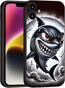 Printed Shark Pattern for iPhone 16 Case, Printed Fierce Red-Eyed Shark Cartoon Silicone Soft Shockproof case,for Girls & Women & boy & Men(B1-Cartoon Shark-Cool)