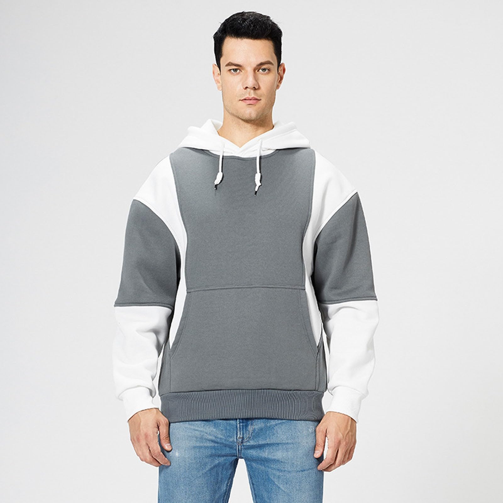 Bluzy Moda Męska Bluza Polarowa Sweter Bezpieczeństwo Casual Color Block Bluza Z Kapturem Sweter Z Długim Rękawem Bluza Z Kapturem, Biały + szary, XXL