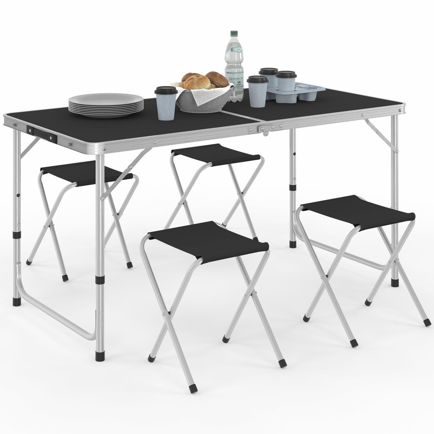 IDMarket - Table de Camping Pliante d'appoint 120 cm réglable en Hauteur et 4 tabourets Noirs