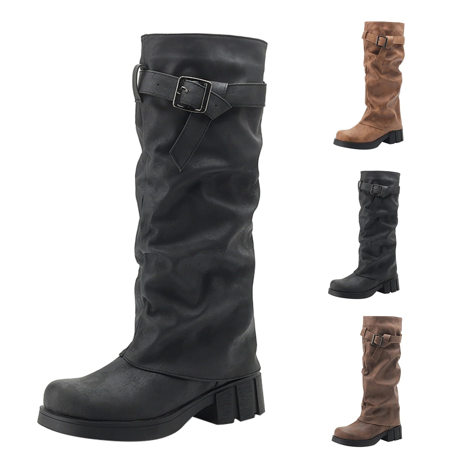 Stivali occidentali da donna con punta rotonda – Stivali alti al ginocchio da donna pieghevoli – Stivali da cowboy con fibbia a gambo lungo in pelle scamosciata, stivali alti con plateau