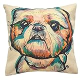 Redland Art Cute Pet Shih Tzu Dogs Pattern Linen Throw Pillow Cases Cushion Covers Home Decor 18x18...