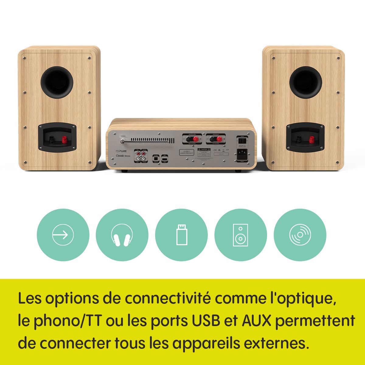 Pure Système de musique stéréo HiFi classique (son 100 W, radio Internet, DAB+/FM, Bluetooth, lecteur CD, USB et Spotify Connect), blanc coton/chêne (blanc coton)