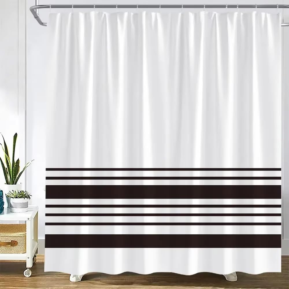 KELAIMI Simple Striped Print Shower Curtain - Modern Geometric Horizontal Stripe Bathroom Curtain with Hooks - Boho Line Bath Curtain with Hooks Black 180X210Cm
