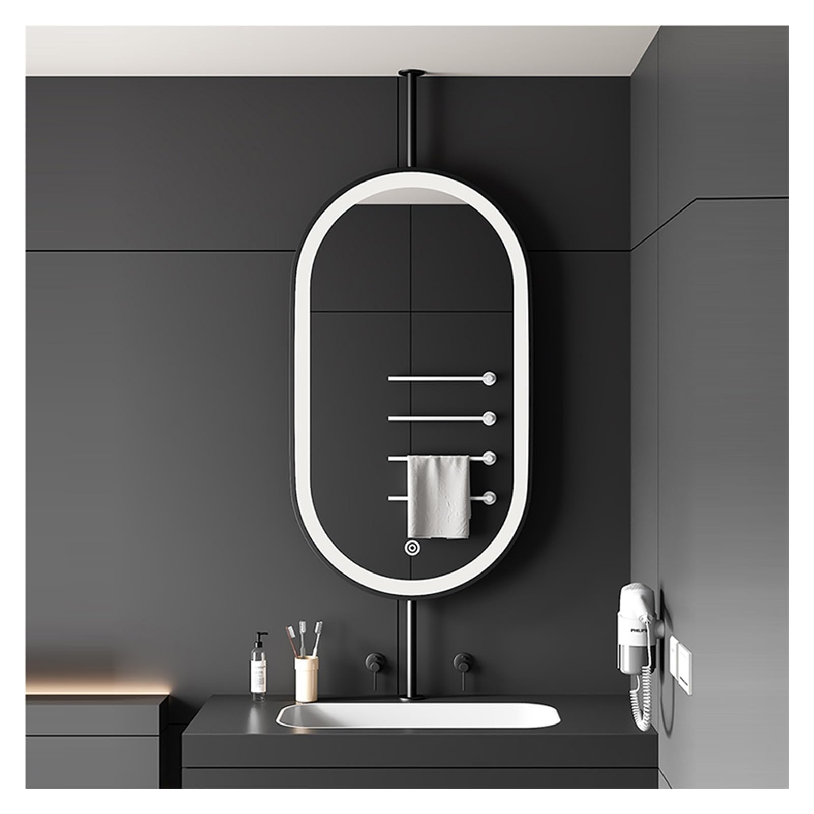 CGCSYZ Ceiling hanging mirror with LED lighting bathroom mirror, metal frame, vanity shaving makeup mirror, bathroom floating large decorative mirror (Black 60x90cm)