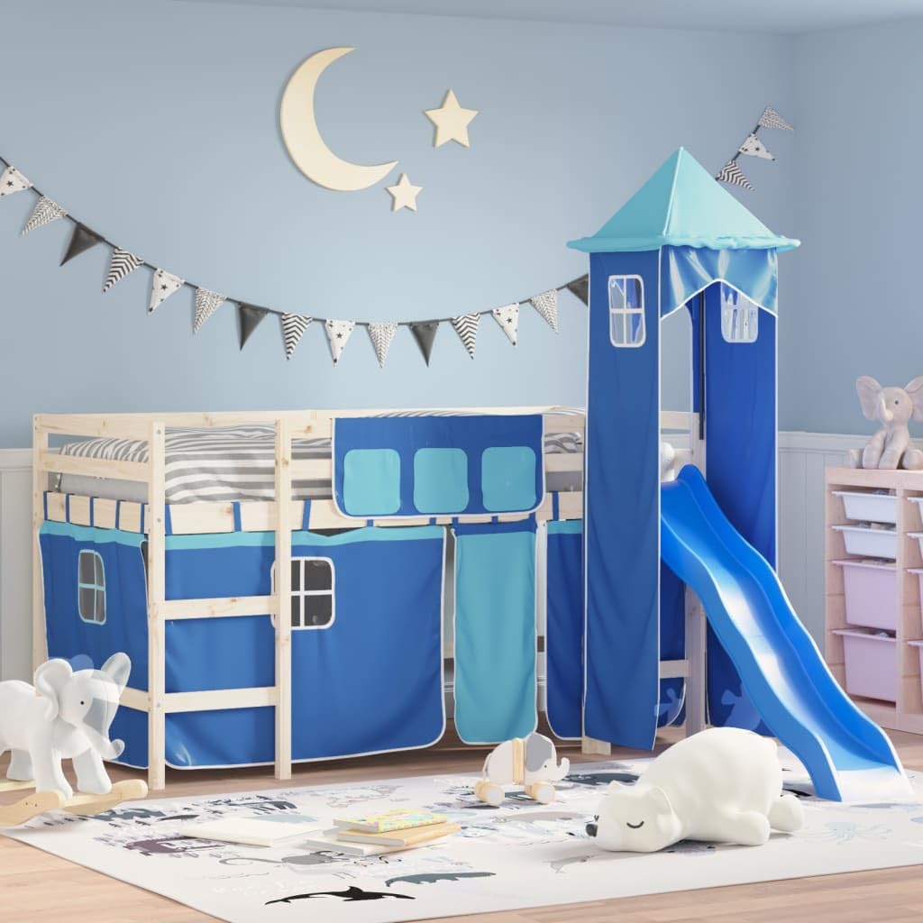 vidaXL Vorhänge Set für Hochbett Spielbett Kinderbett, Bettvorhang mit Turm, Blau Polyester