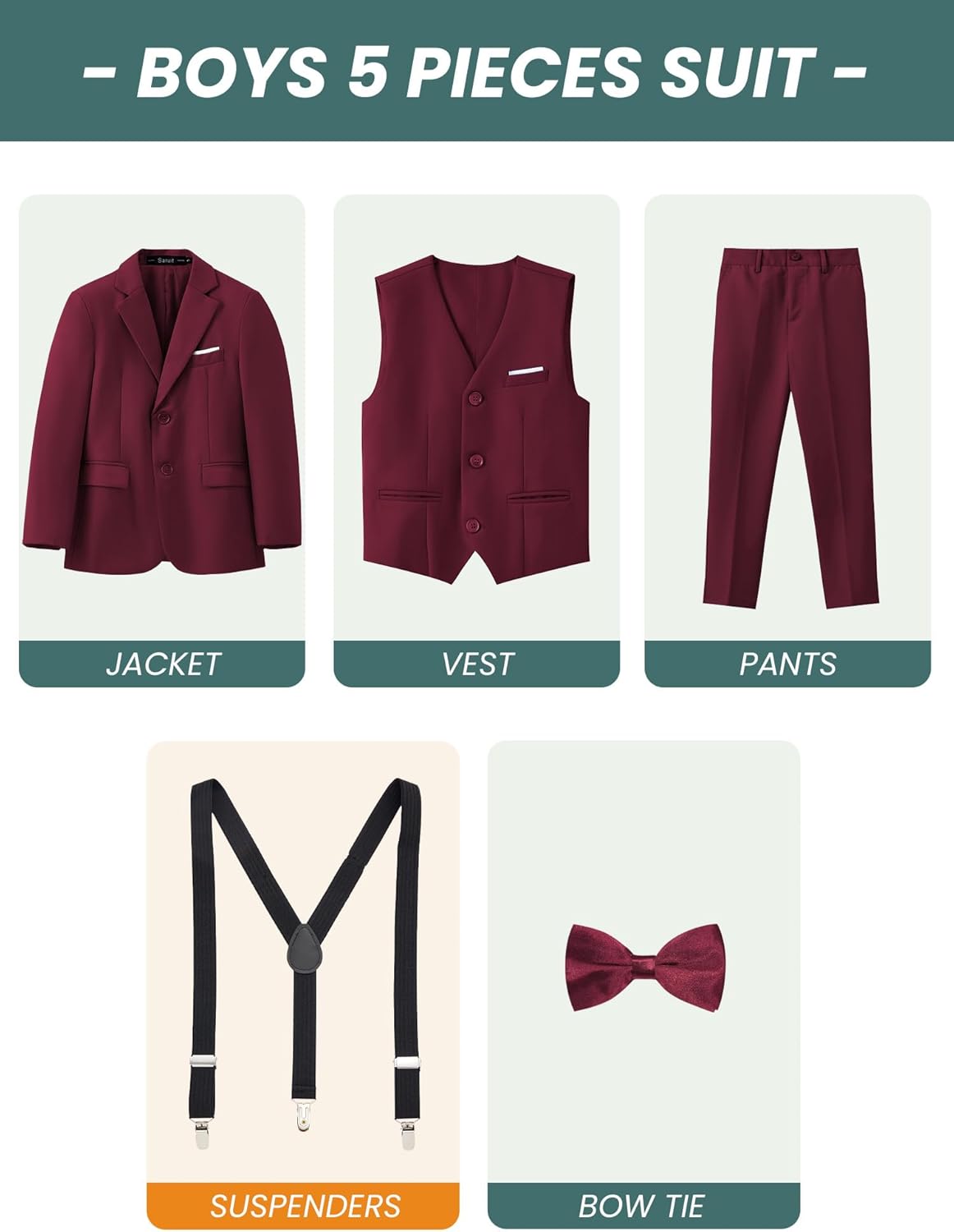 Boys Formal Dress Suits 5 Piece Slim Fit Dresswear Suit Set with Kids - Image 2