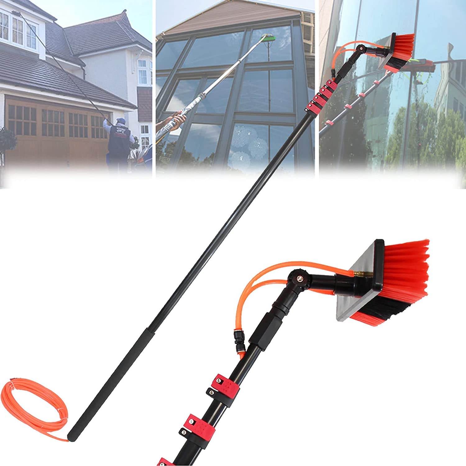 Kit Profesional de Limpieza de Ventanas con pértiga alimentada por Agua. Cepillo telescópico y pértiga de extensión para Uso en Exteriores. Equipo eficiente de Lavado de Ventanas con manguer