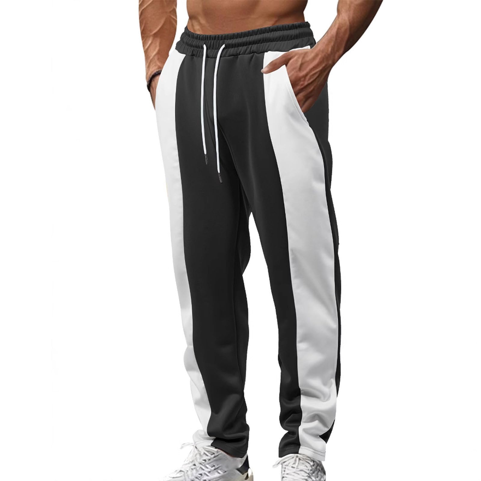 Mens Jogger Pants Fashion Color Block Drawstring Elastic Waist Wide Leg Sweatpant Plus Size Loose Comfy Trouser