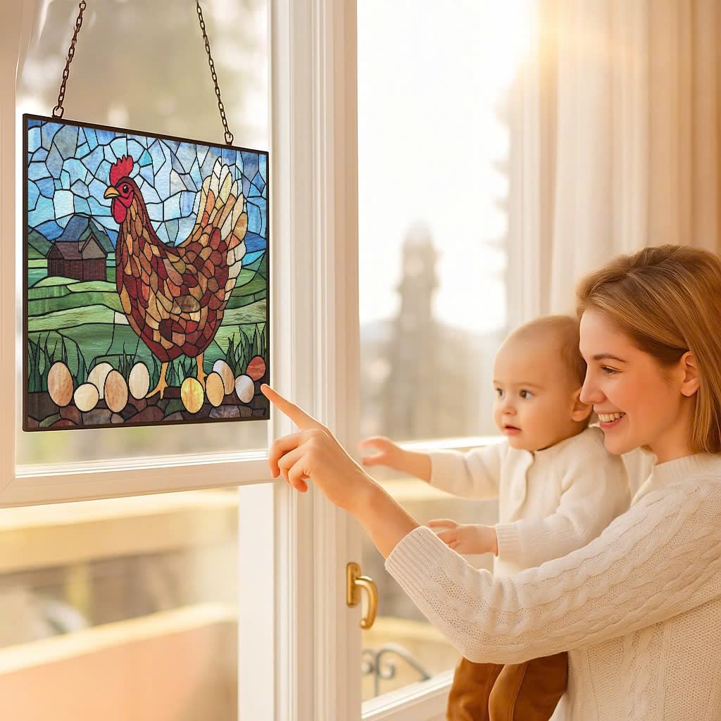 Personalized Rectangle Cartoon Chicken with Eggs Suncatcher Stained Glass Stained Glass Window Hanging Home Decor Garden Halloween Christmas Wedding Housewarming Gifts