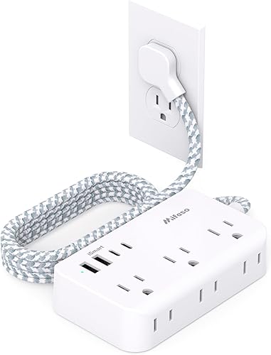 Miniatura 8 de Cable de extensión de 10 pies, cable largo de enchufe plano con múltiples tomas, 6 tomas de corriente y 4 USB (2 USB C) con protección contra