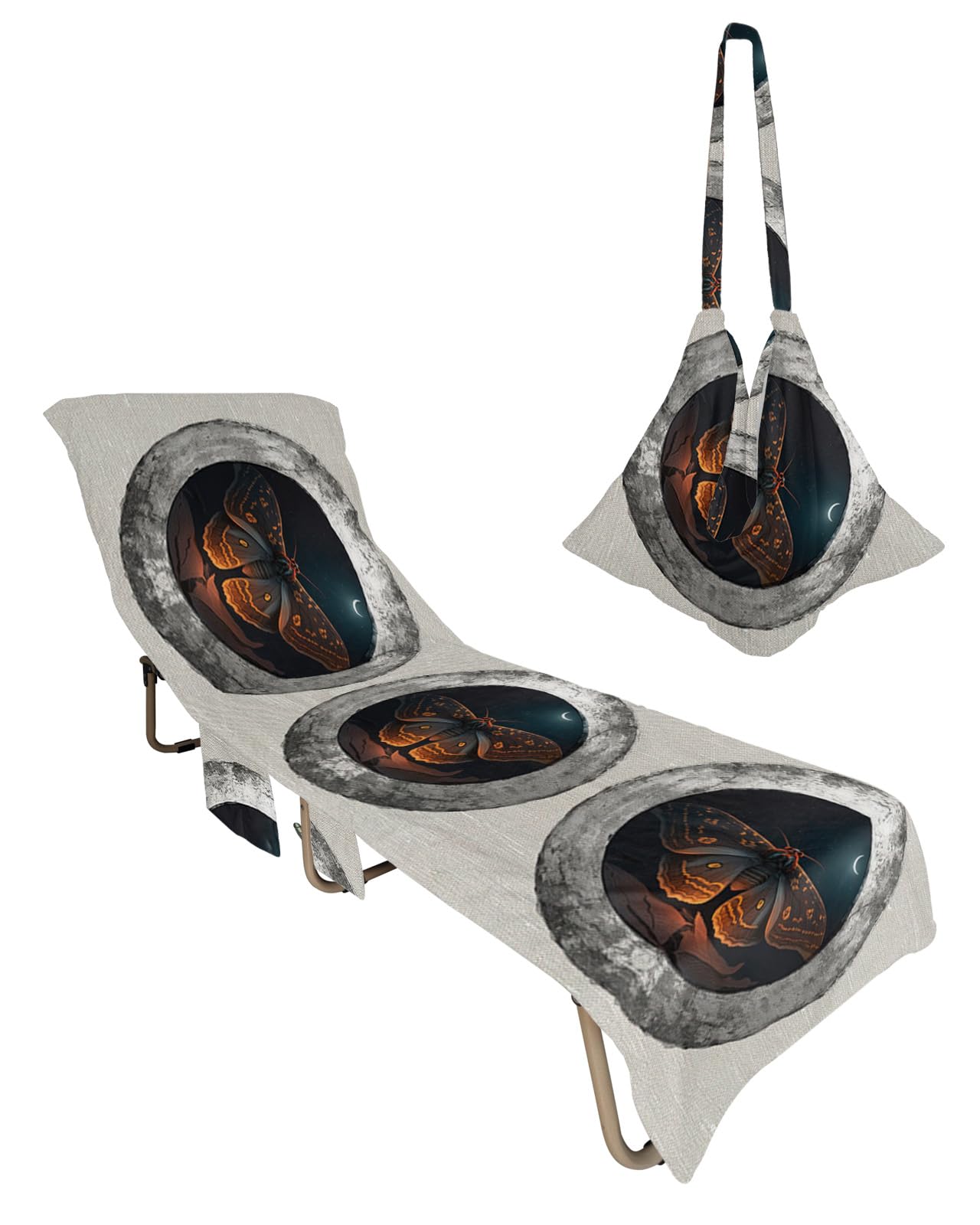 Butterfly Beach Lounge Chair Towel Cover, Soft Chaise Lounge Towel with Side Pockets Patio Pool Chairs Cover for Beach/Pool Sunbathing 29x85 Moon Vintage Farmhouse Grey