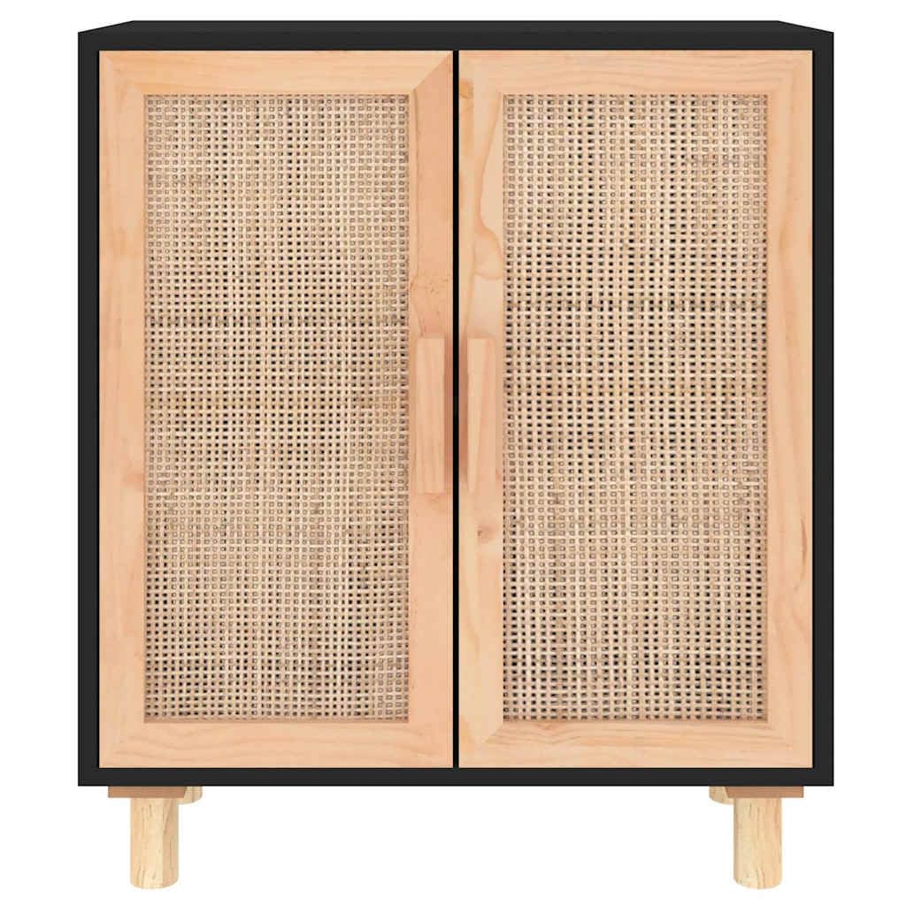 Sideboard Schwarz 60x30x70cm Massivholz Kiefer Natur-Rattan mit viel Stauraum, stabile Oberplatte, platzsparend für Wohnzimmer, Esszimmer, Flur und Büro, inklusive Wandhalterung