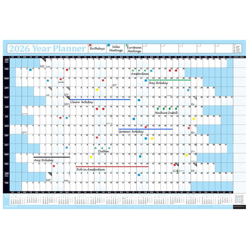 PlannerHead 2026 Wall Planner Sky Blue | Yearly Calendar 2026 for Students, Families, Businesses, Offices | UK & Ireland Bank Holidays | Unmounted & Unlaminated (Sky Blue, Medium 35cm x 49cm - Rolled)