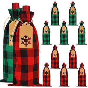 LOKIPA Christmas Burlap Wine Gift Bags, 10 Pcs Buffalo Plaid Wine Bottle Bags with Drawstring & Tags, Reusable Wine…