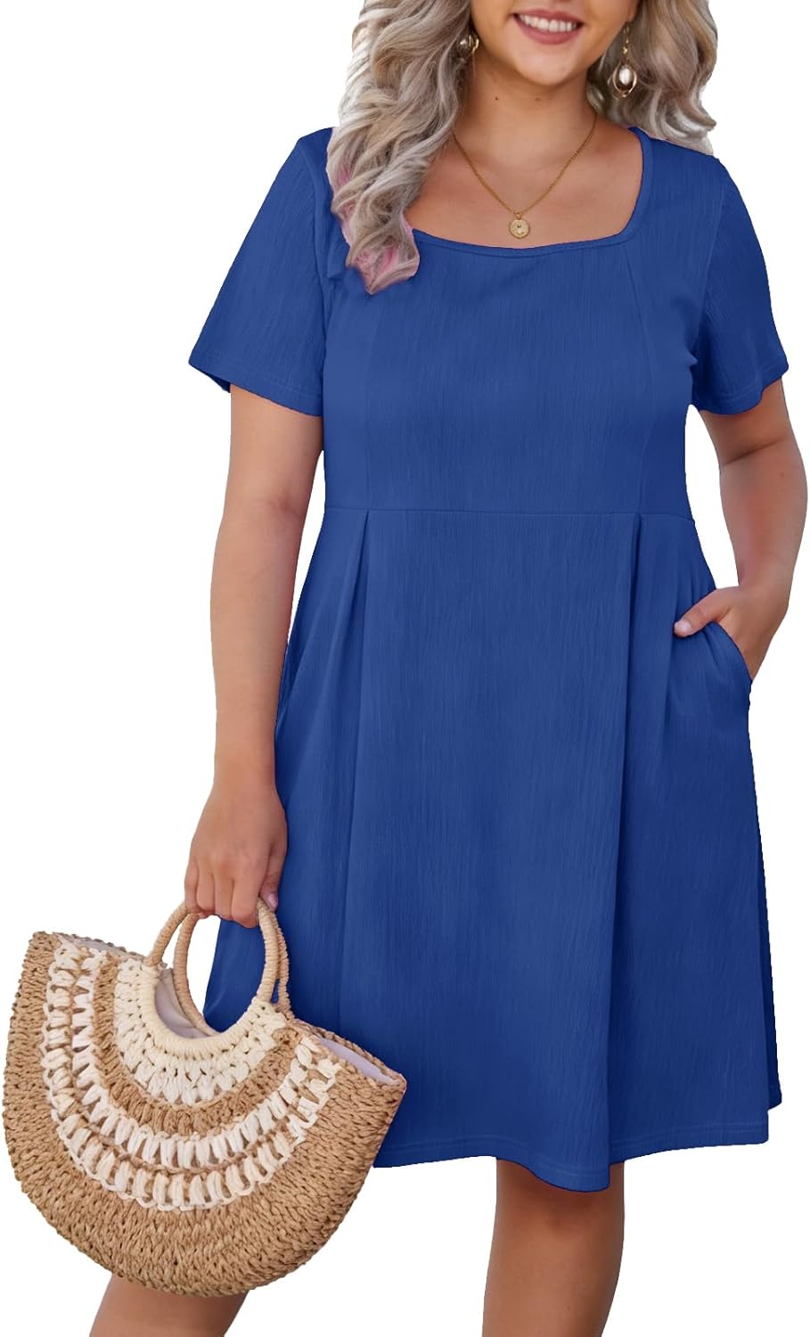 Womens Plus Size Short Sleeve Dresses Square Neck Casual Summer Sundress Flowy Knee Length Dress with Pockets