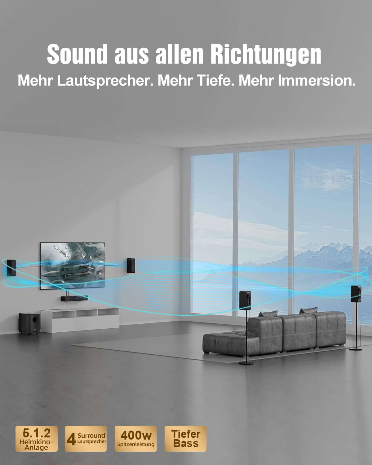 Hölzern 5.1.2CH Soundbar für TV Geräte, 4 Surround-Lautsprecher, 400W Spitzenleistung, Heimkino Virtual Surround Soundsystem Sound Bar mit 5.25'' Subwoofer, ARC/Optisch/BT 5.3/AUX/USB, HiPulse N512