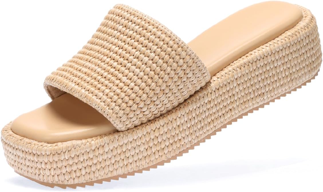 Monrovia Platform Sandals Women Raffia Espadrille Slides, Woven Straw Flatform Beach Sandals Women, Slip On Summer Vacation Shoes, Comfortable Casual Daily Wear