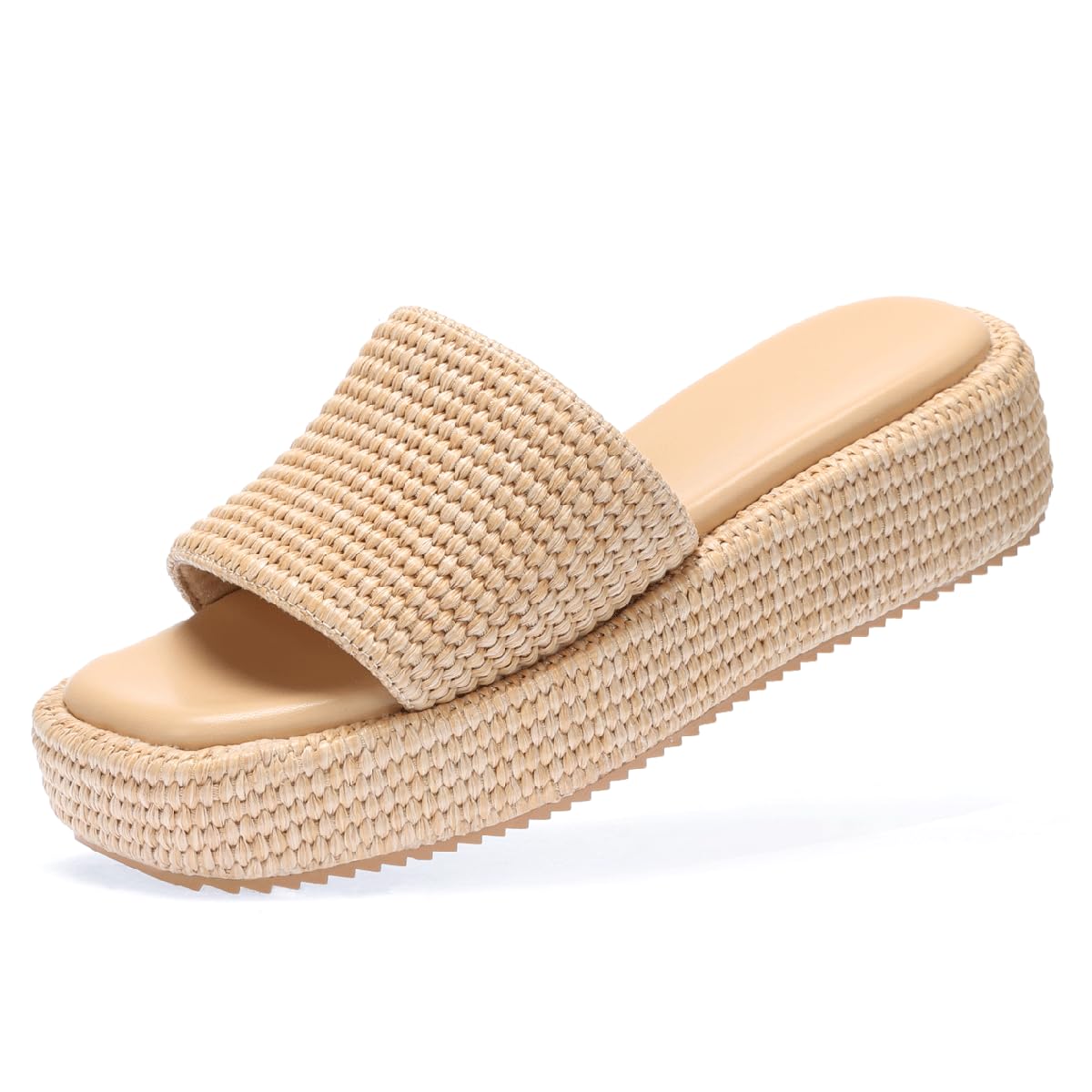Monrovia Women's Wedge Platform Sandals, Raffia Espadrille Slides, Slip-On Beach Sandals, Lightweight Summer Vacation Shoes Brown Natural Upgrade Size 8.5