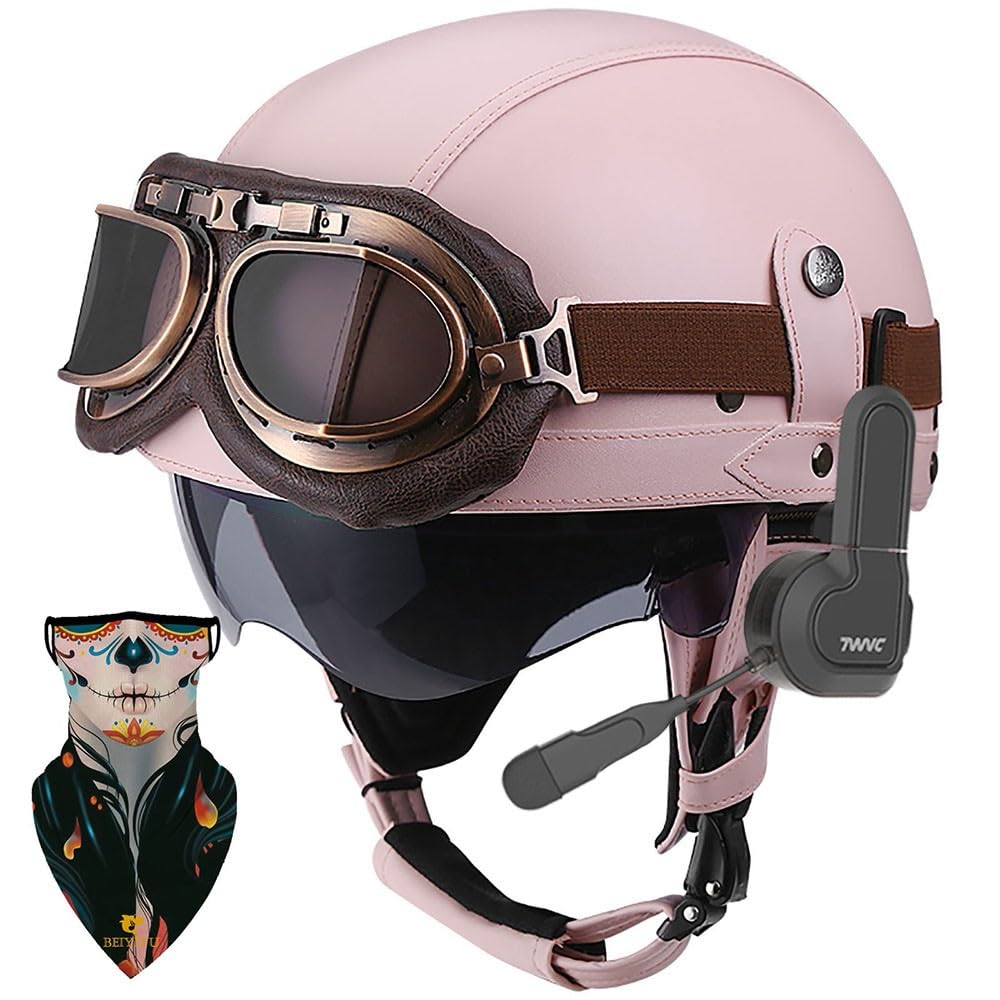 Bluetooth German Style Leather Motorcycle Half Face Helmet, DOT Approved Retro Open Face Helmet with Goggles Street Motorcycle Half Helmet for Cruiser Scooter Touring, Pilot Helmet