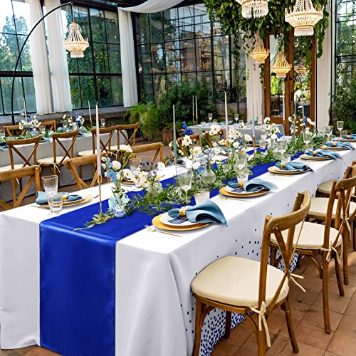 Image of Breling 8 Pack Royal Blue Disposable Plastic Tablecloths and Satin Table Runner Set, 54 x 108 Inch Tablecloth, 12 x 108 Inch Table Runners for Wedding Graduation Birthday Baby Shower New Year