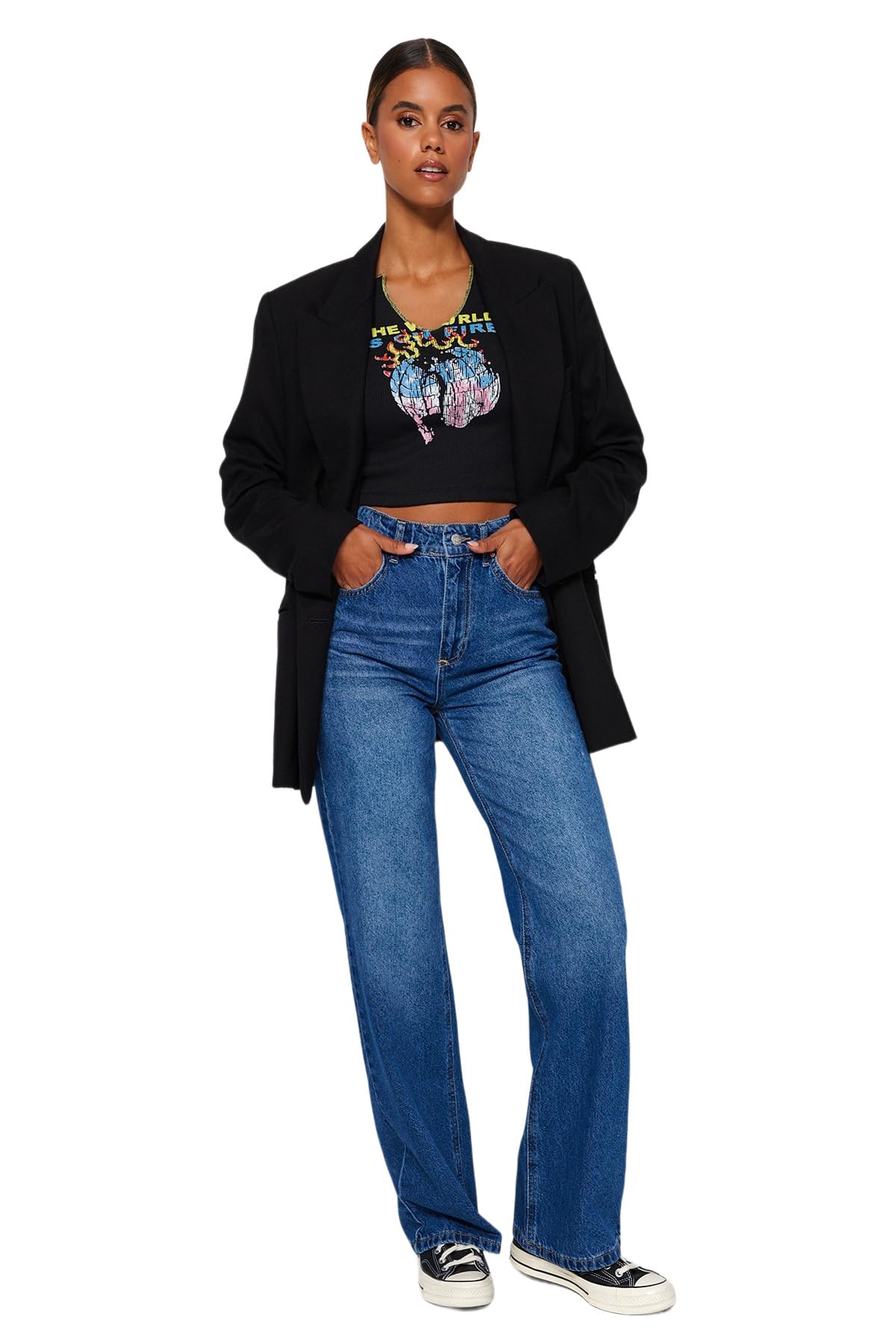 Trendyol Damen Gerade Weites Bein Hohe Taille Jeans