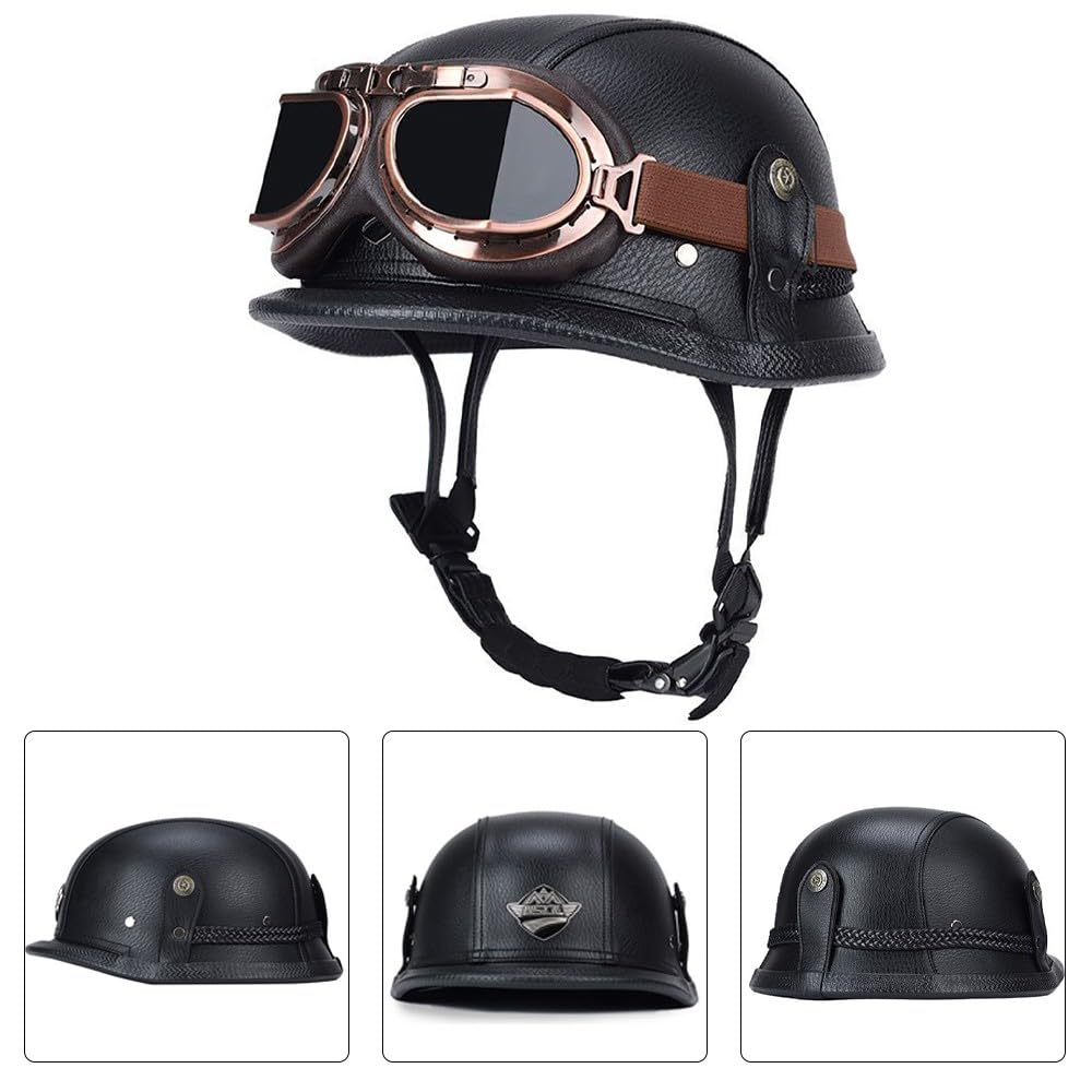 Retro Moto Casco Mezzo Pelle, Certificazione ECE Casco Jet Vintage con Occhiali da Aviatore, Caschi Scooter Caschi Street Cruiser da Uomo e da Donna