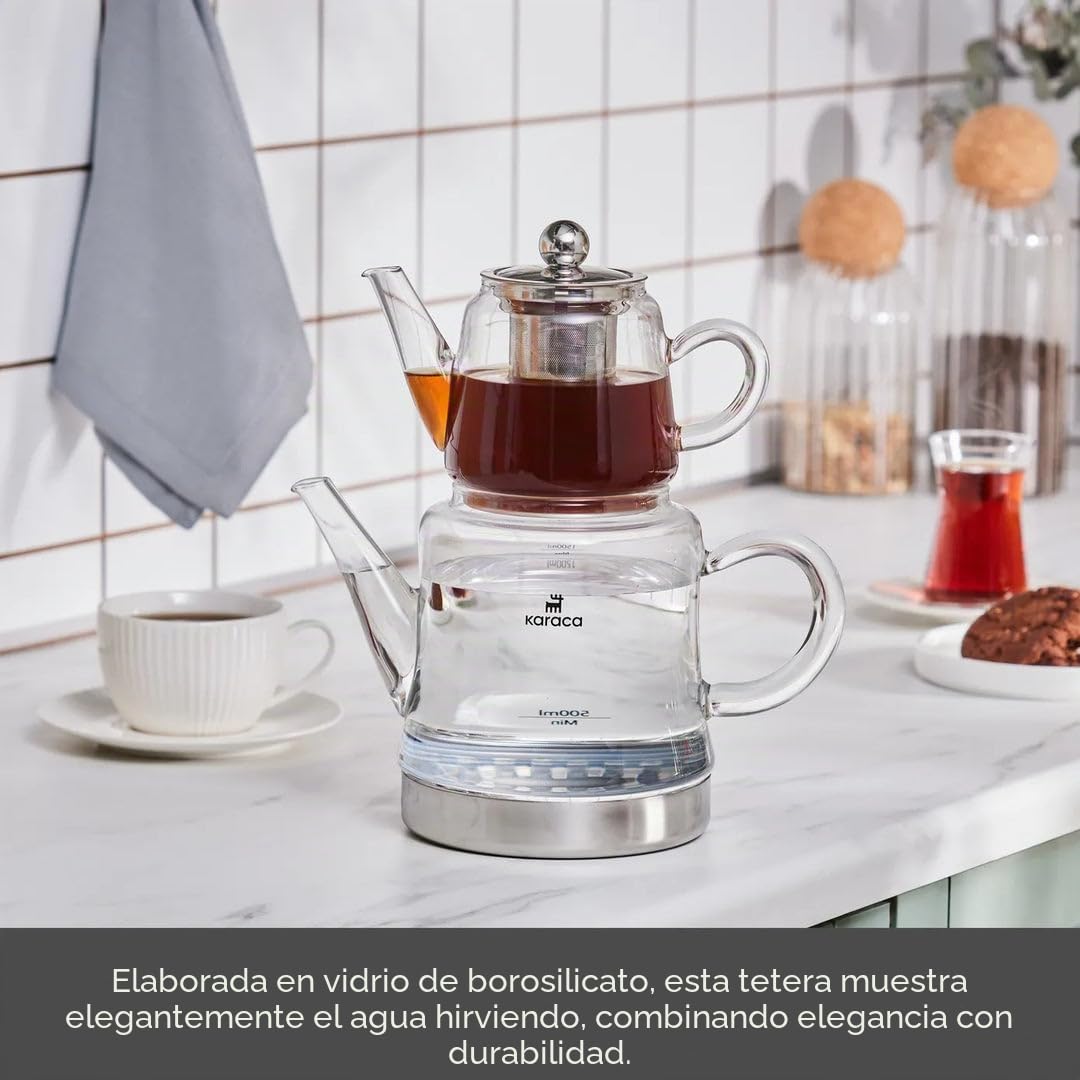 Karaca Dora - Tetera de cristal de 450 ml, hervidor de agua de 180 ml, apto para cocinas de gas y eléctricas, tetera Caydanlik y juego de tetera (sin inducción), cristal