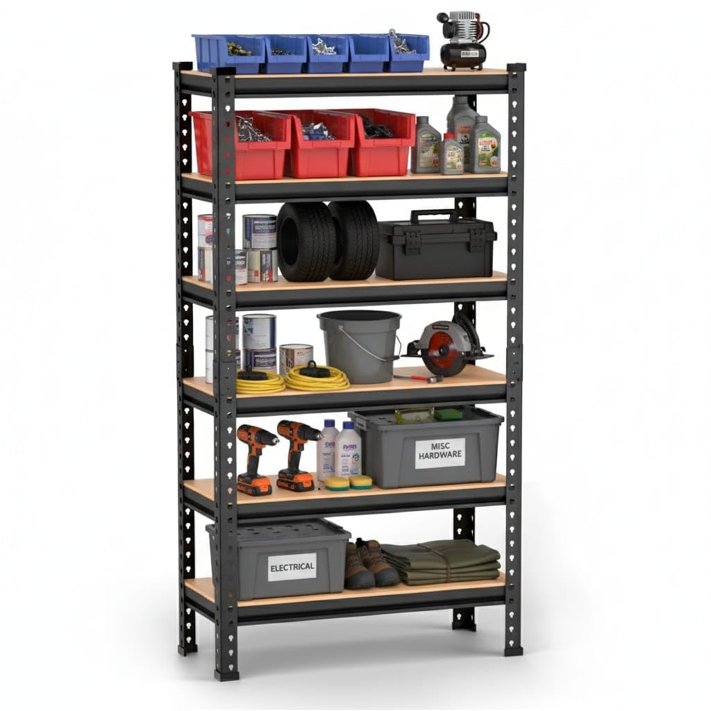 6 Tier Heavy Duty Storage Rack – Boltless Metal Shelving Unit with Adjustable Shelves, Powder Coated Steel Frame, MDF Board Shelves for Garage, Warehouse, Kitchen & Office Storage (6 Shelf)-image-10