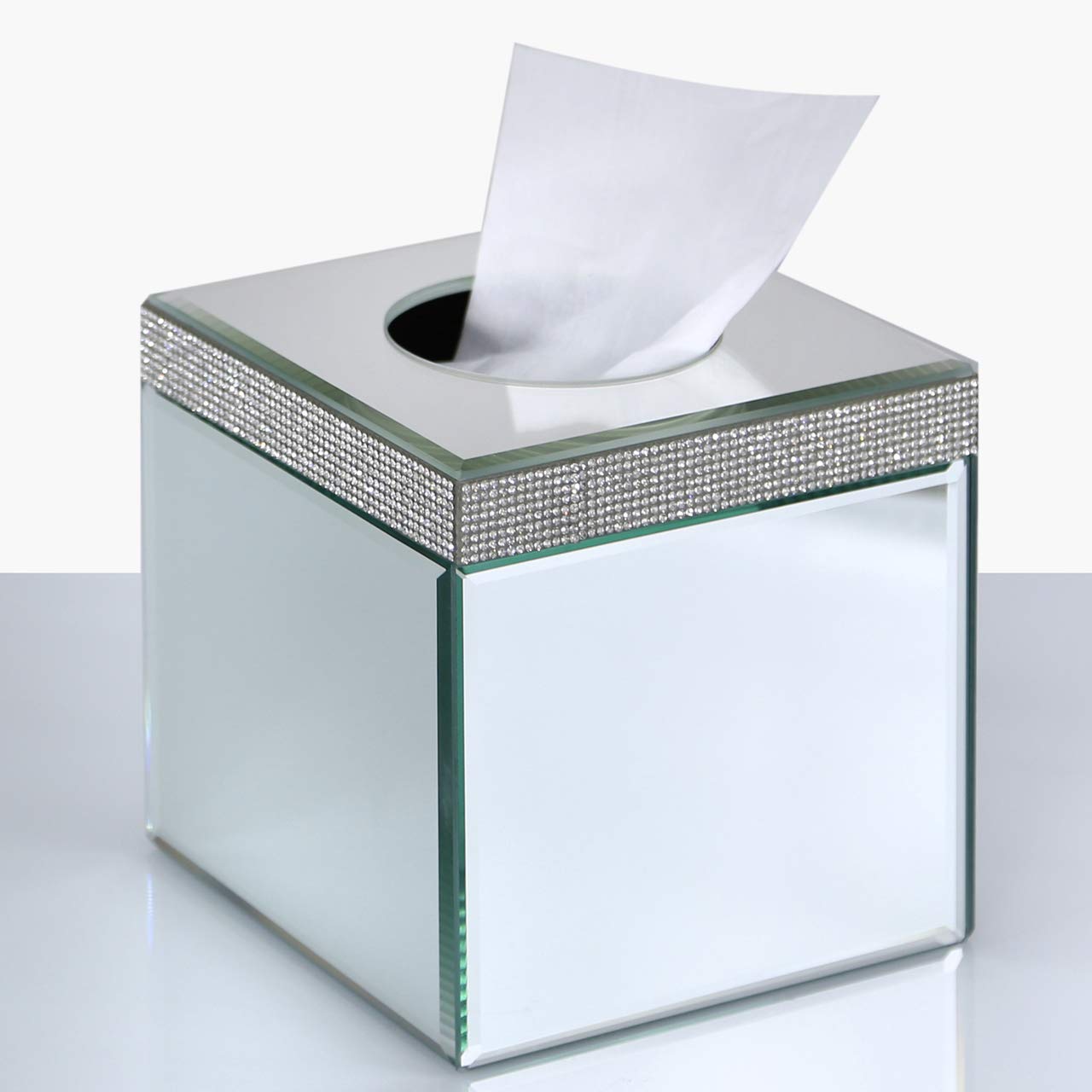 Vintage-Chic Glitz Diamante & Mirror Glass Cube Tissue Box Holder 15cm