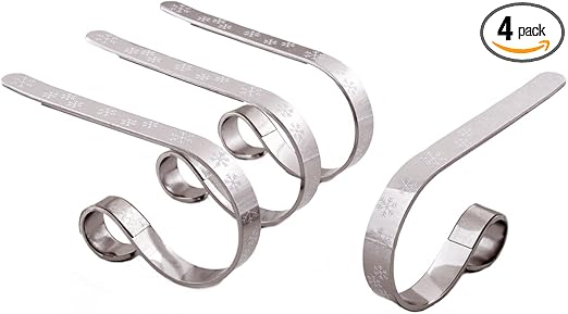 Haute Decor The Original MantleClip Stocking Holder with White Snowflakes - 4 Pack (Silver) - Hang Christmas Stockings Safely and Securely from Mantels Up to 3 Inches Thick