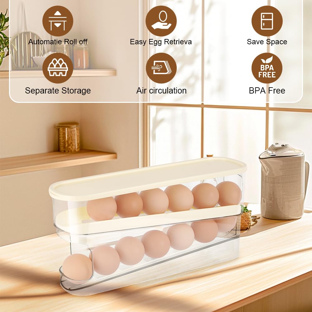 HOTUT 2 Tier Egg Holder for Fridge,Rolling Egg Dispenser Rack,Space Saving Tray,Side-door Fridge Organizer for Kitchen Refrigerator Table (Transparent white) - Image 4