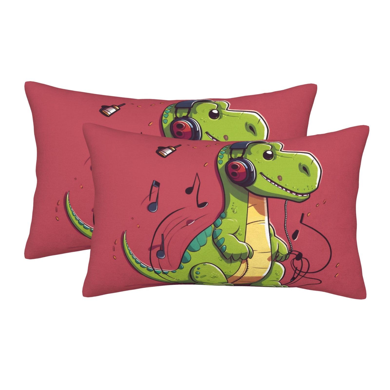 2 Pack Standard Size Pillow Cases for Hair and Skin Soft Breathable Pillow Case Covers with Hidden Zipper Dinosaur Wearing Headphones Pillowcase 20"x30" Pillow Cover for Sleeping Gift