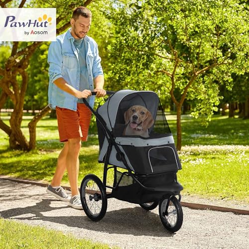 PawHut Hundewagen Hundebuggy klappbar für Hunde & Katzen bis 20 kg Katzenwagen mit geländegängige Gummiräder Kissen Netzfenstern Türen Katzenbuggy mit Aufbewahrungskorb Buggy Grau