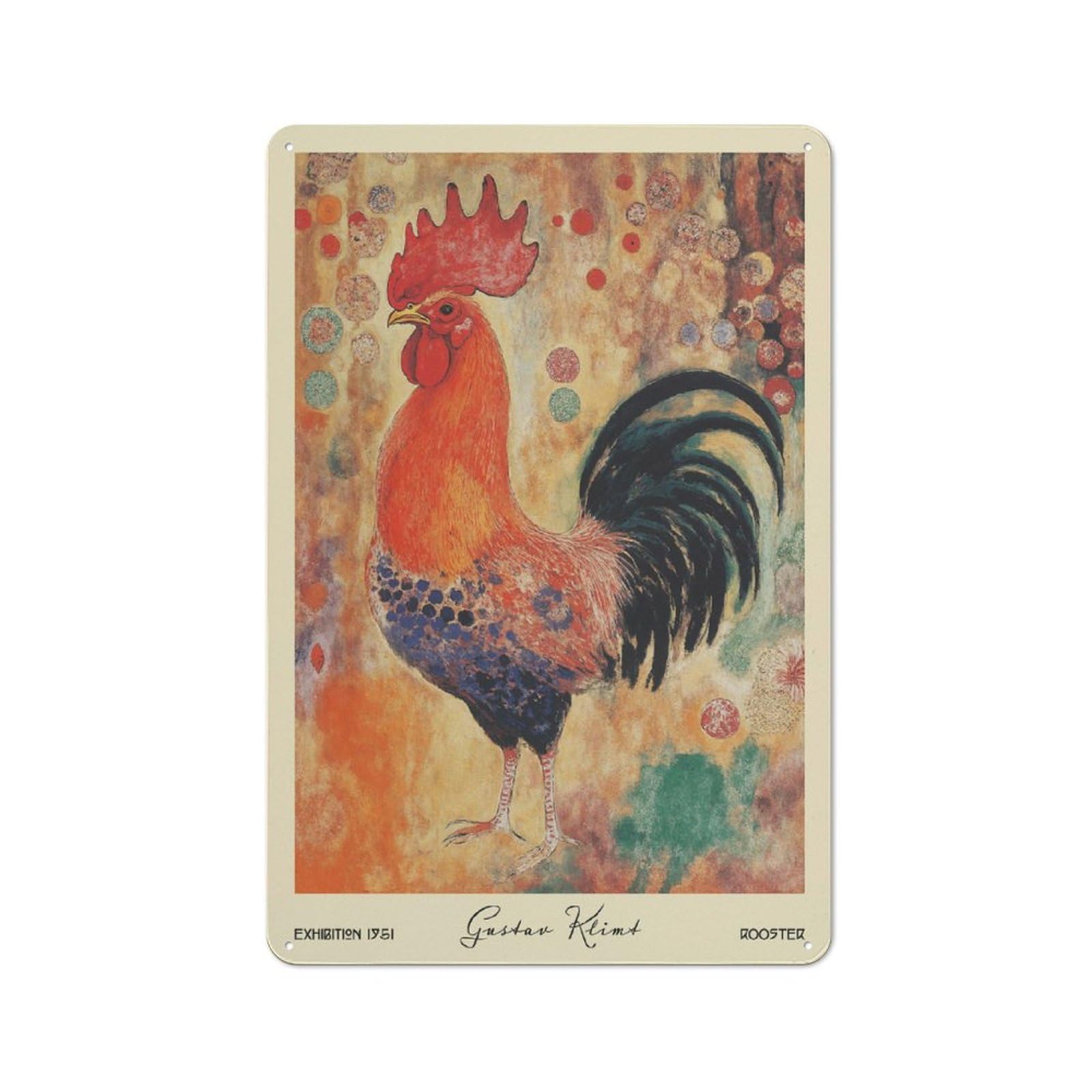 Junmoney Style-11 Retro Metal Wall Sign 30X20cm Featuring Gustav Klimt Rooster Farm For Pub Or Café, For Garage, Workshop And Man Cave Decoration