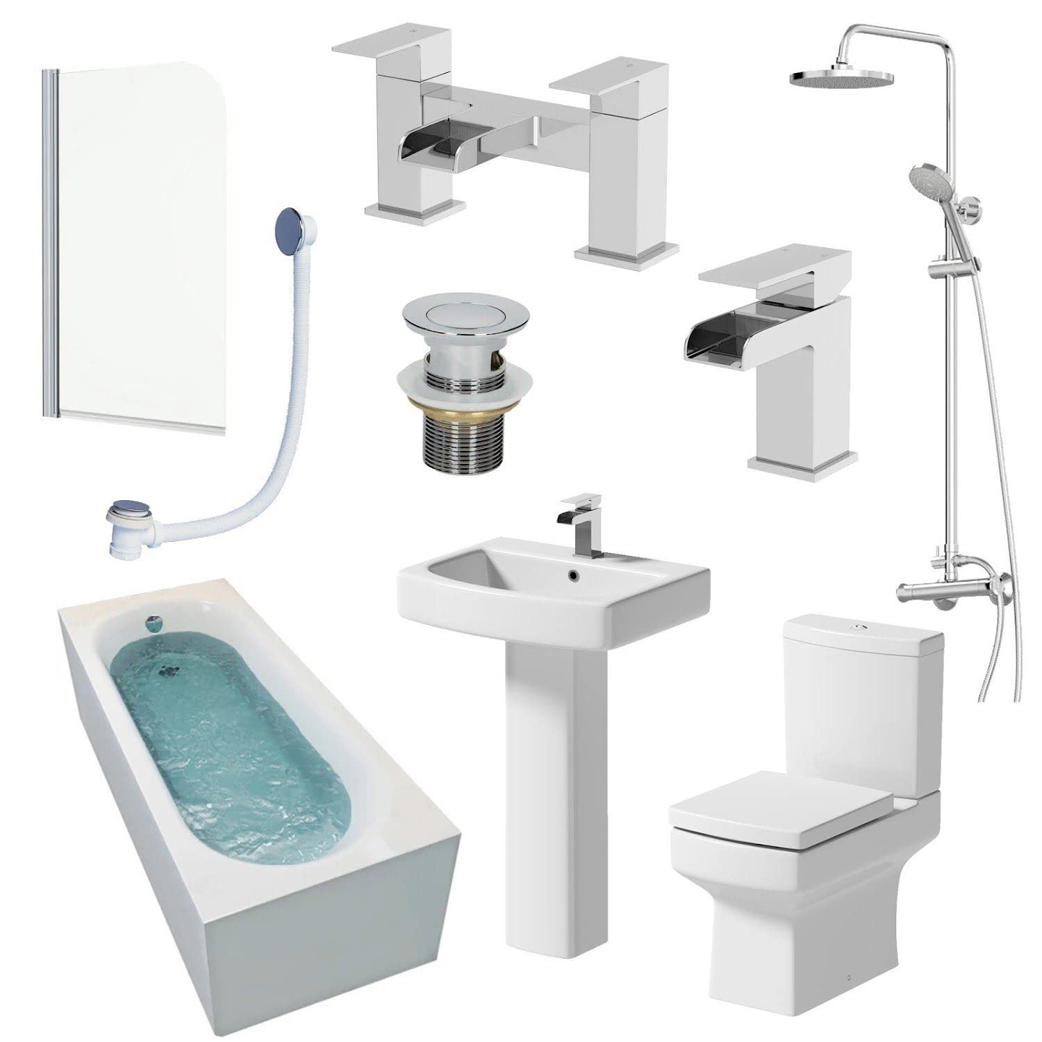 Complete Bathroom Suite Set with 1600mm Single Ended Bath, Close Coupled Toilet, Ceramic Pedestal Basin, Thermostatic Shower, Bathroom Sink Taps, Bath Shower Screen + Wastes