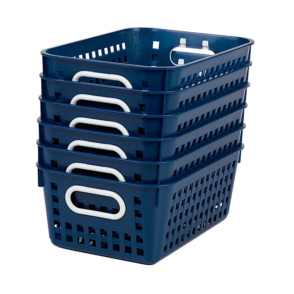 Really Good Stuff Medium Plastic Book Baskets, 11" x 7.5" x 4.5", 6 Pack, Navy, Versatile Storage Solution for Classroom, Home and Office, Toy Storage, Multi-Purpose