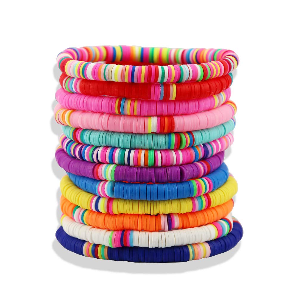 Heishi Surfer Bracelets set - 6mm Polymer Clay Rainbow Bracelet Elastic Rope Bracelet, Boho Beaded Bracelet, Great for Beach, Vacation