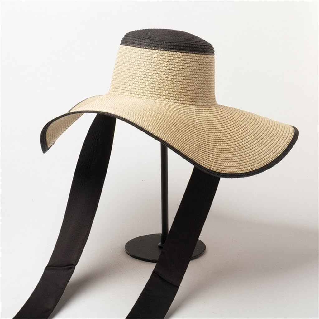 Chapeau de paille plage grand avant-toit avec casquette beige et sangles de corps haut noir