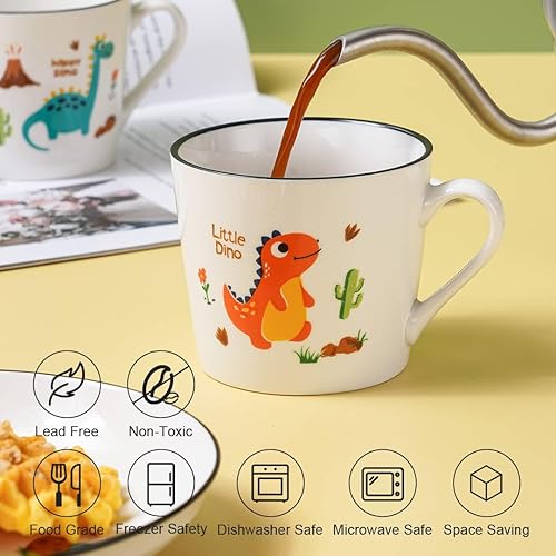 Miniatura 4 de Juego de 4 tazas de cerámica de dinosaurio de 13 onzas, tazas de dinosaurio para regalos, lindas tazas de porcelana de dibujos animados para leche