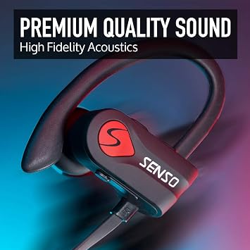 Senso Bluetooth Headphones, Best Wireless Sports Earphones w/Mic IPX7 Waterproof HD Stereo Sweatproof Earbuds for Gym Running Workout 8 Hour Battery Noise Cancelling Headsets (Black Red)