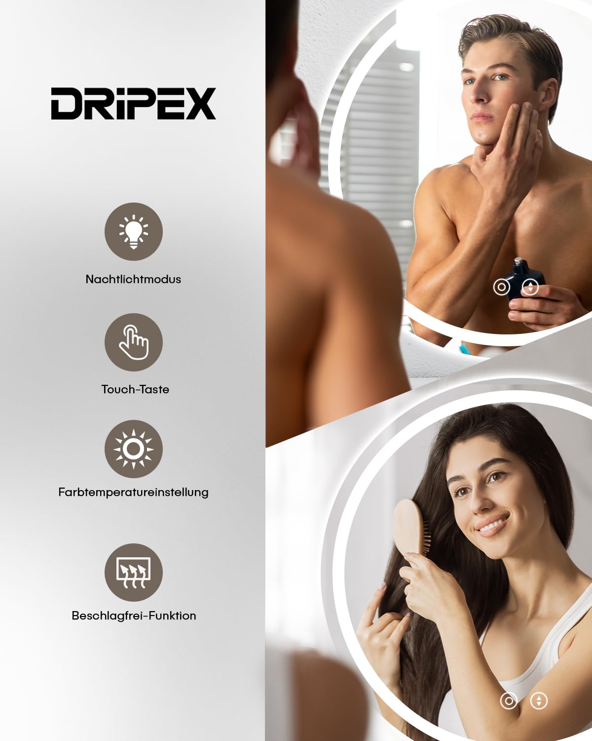 Dripex Badspiegel Rund mit Beleuchtung Led Spiegel mit Touch-Schalter, Dimmbar, 3 Lichtfarbe Einstellbare Runder Badezimmerspiegel mit Beleuchtung, Beschlagfrei 60x60 cm