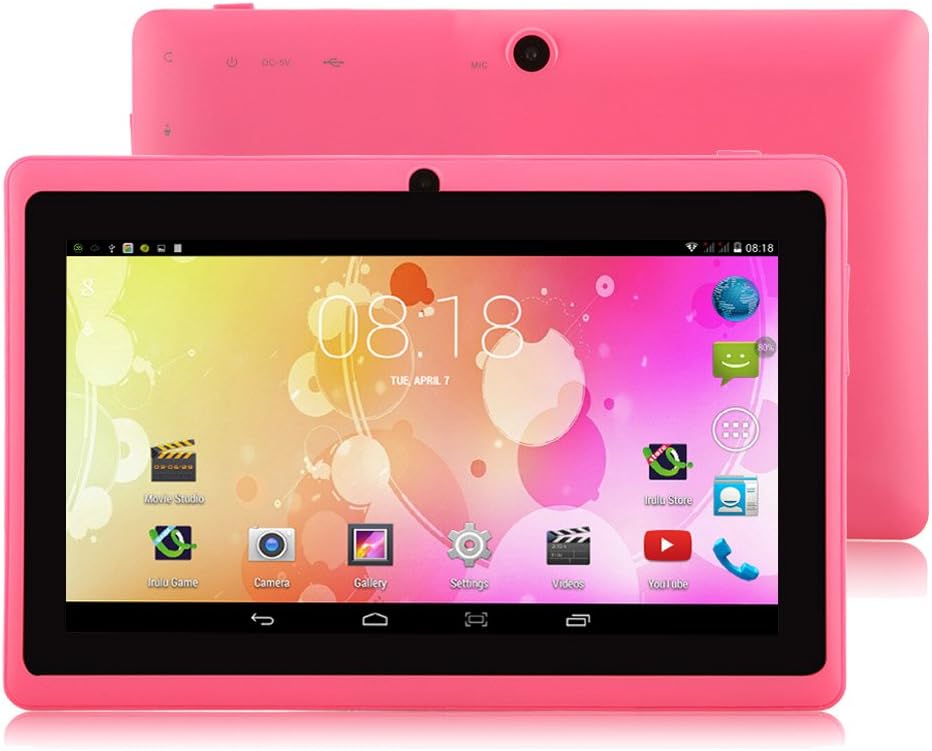 IRULU X1a 7" Tablet - A33 Cortex-A7 1.5GHZ Quad Core System, Android 4.4 OS, 1024600 Resolution with 5 Point Capacitive Touch, Dual Camera(Front 0.3MP/ Rear 2.0MP),512MB-RAM/8GB-ROM (Pink)