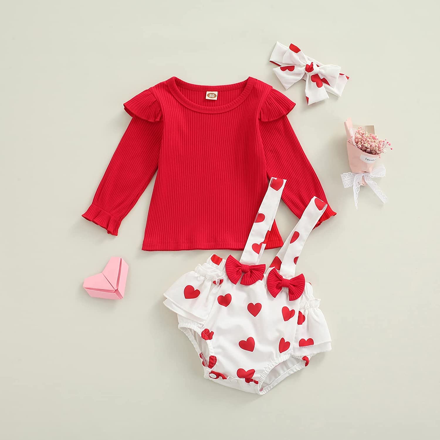 JLKGICF Infant Baby Girl Valentine 's Day Outfit Long Sleeve Top Love Heart Suspender Shorts Skirt Headband Clothes Set (Overall Shorts Set,0-6 Months)