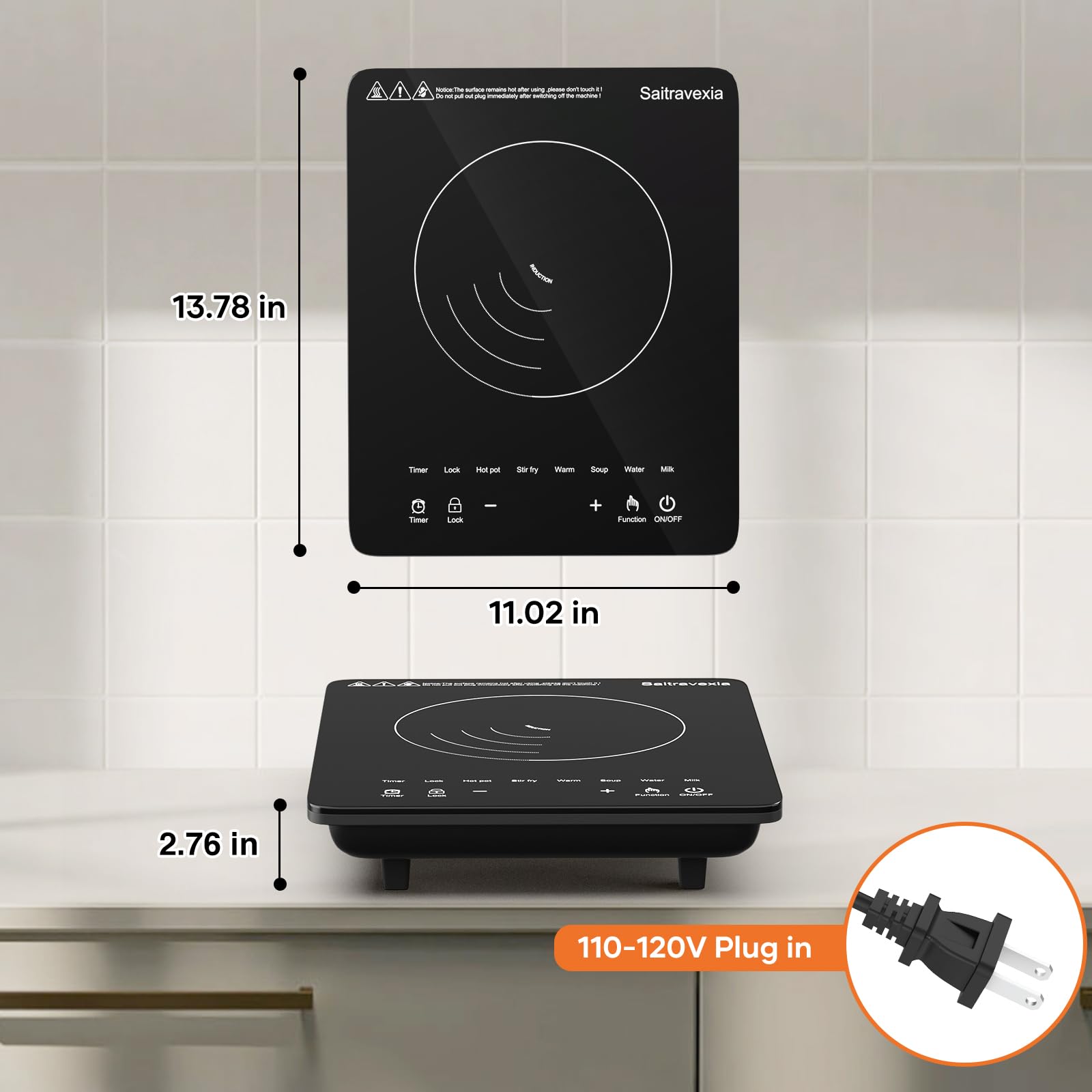 Saitravexia Portable Induction Cooktop, 1200W Induction Burner with 8 Power levels, 110v Outlet Plug with Glass Surface, Safety Lock Timer Countertop Burner