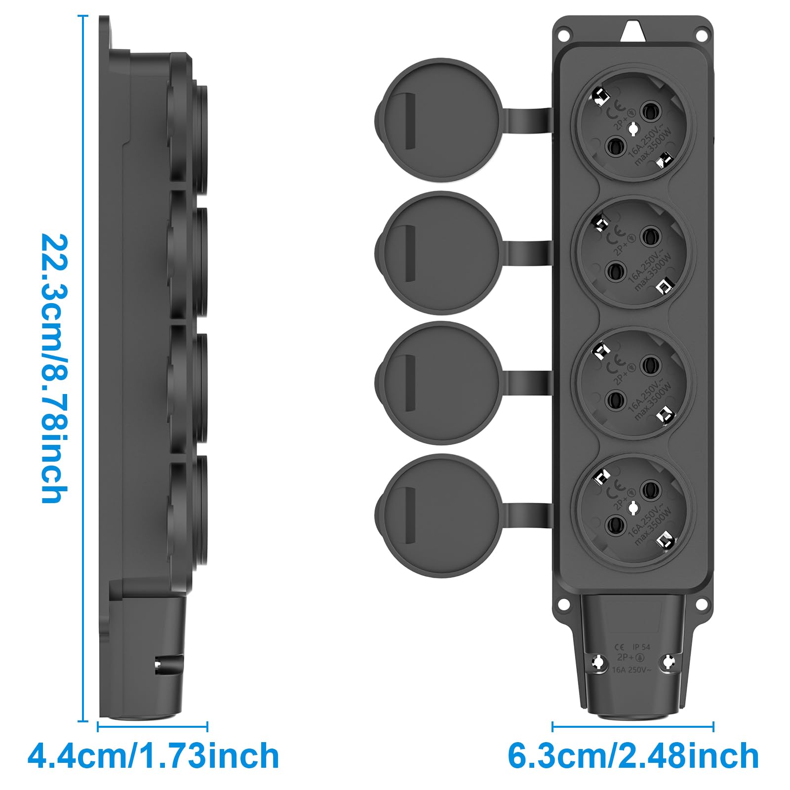 Buitenstopcontact, waterdicht, 4-voudig buitenstopcontact met klapdeksels, 2 stuks vochtige