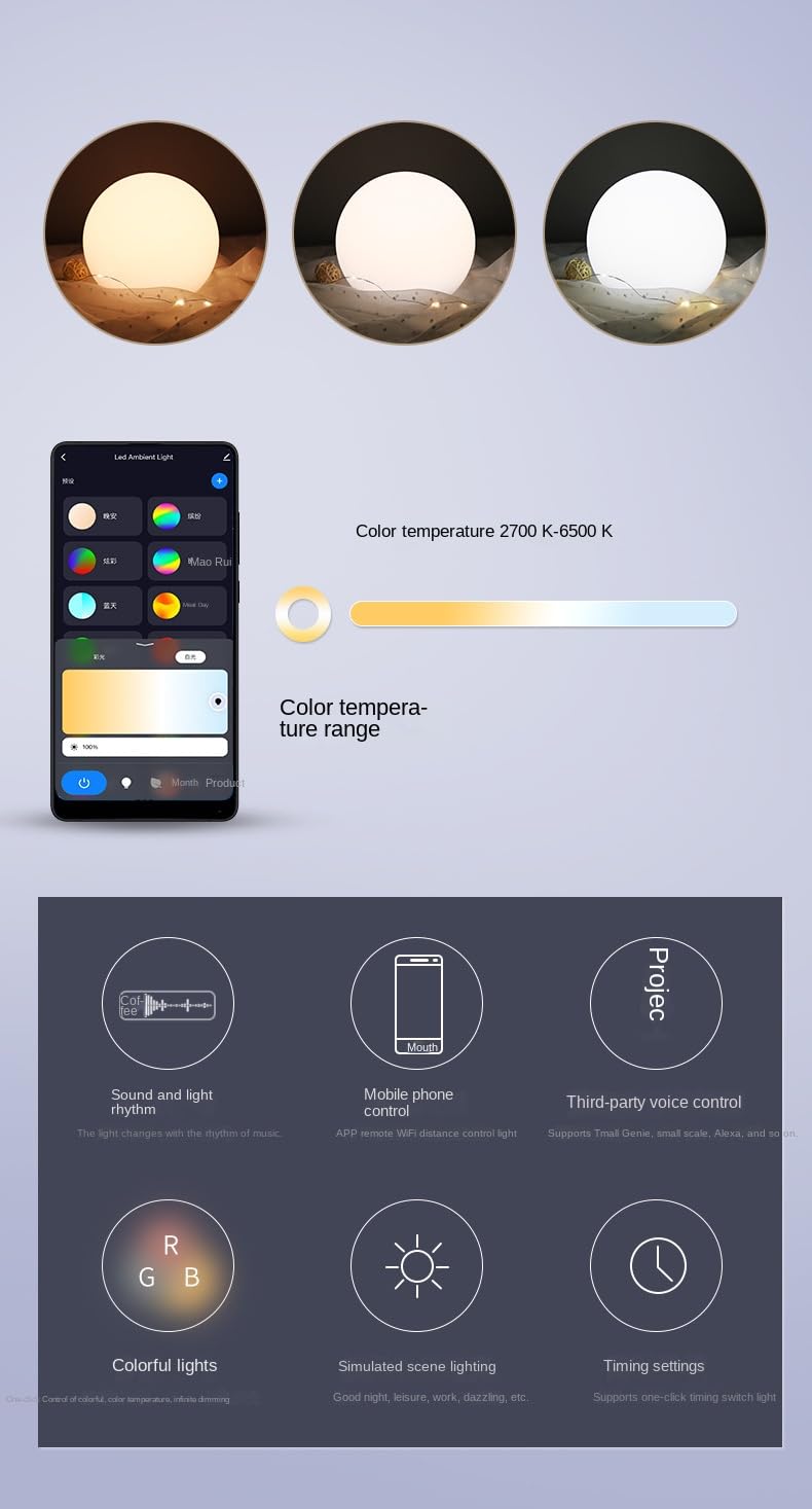 KLauer Lumière d'ambiance intelligente WiFi Bluetooth, veilleuse sphère LED, lampe de commande vocale Alexa, couleurs RVB, mode rythme de musique, télécommande, lampe de table rechargeable USB (20 cm)