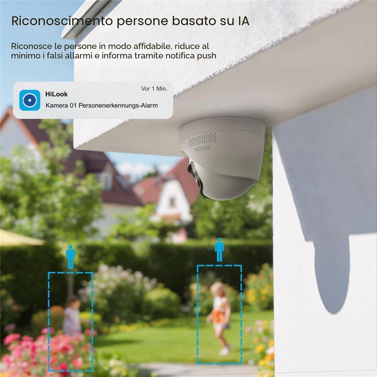 HiLook by HIKVISION - Telecamera di sorveglianza per esterni, 8 MP, Smart Hybrid Light, grandangolo 180°, cavo LAN/PoE, telecamera per esterni, rilevatore di movimento, visione notturna, slot per