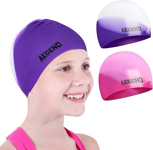 Aegend Paquete de 2 gorras de natación para niños de 4 a 12 años, gorra de natación de silicona duradera para niños y niñas, ajuste cómodo para