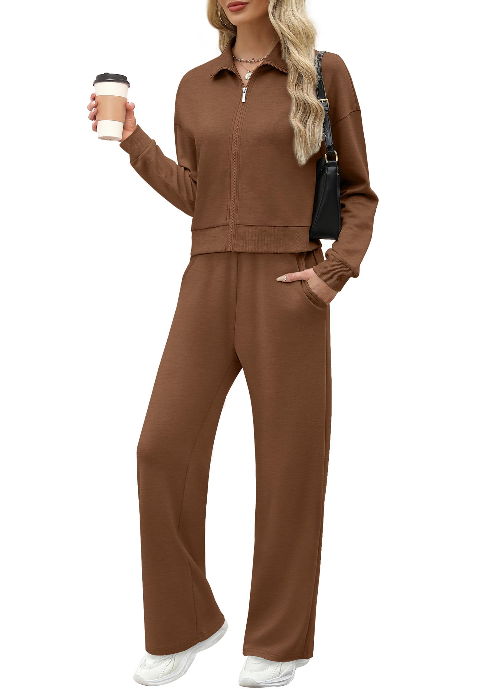 XIEERDUO Lounge Sets for Women 2025 Sweatsuit 2 Piece Outfits Sweatshirt Wide Leg Sweatpant Tracksuit Matching Set